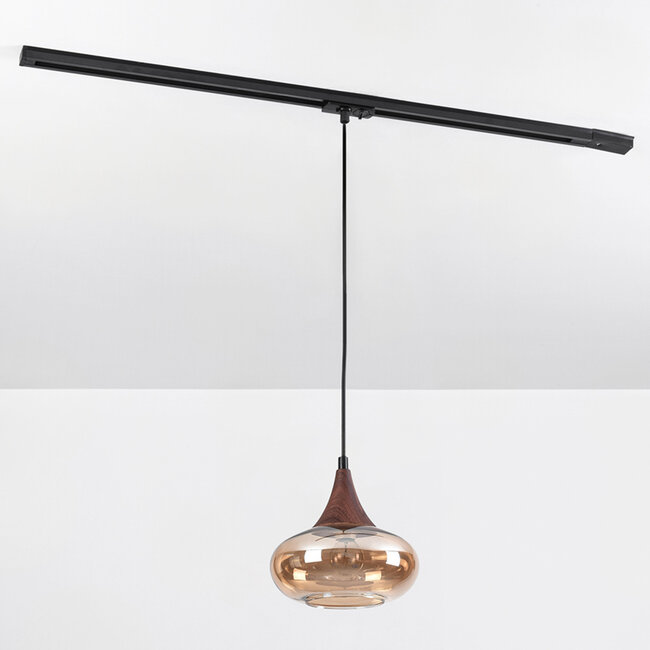 Suspension sur rail monophasée Nill avec verre ambré et aspect bois foncé - verre large
