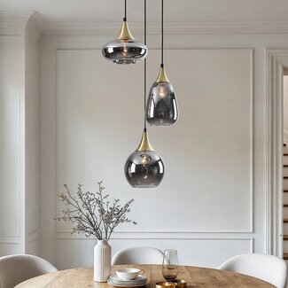 Lampe suspendue or avec verre fumé, 3 lumières - Loua