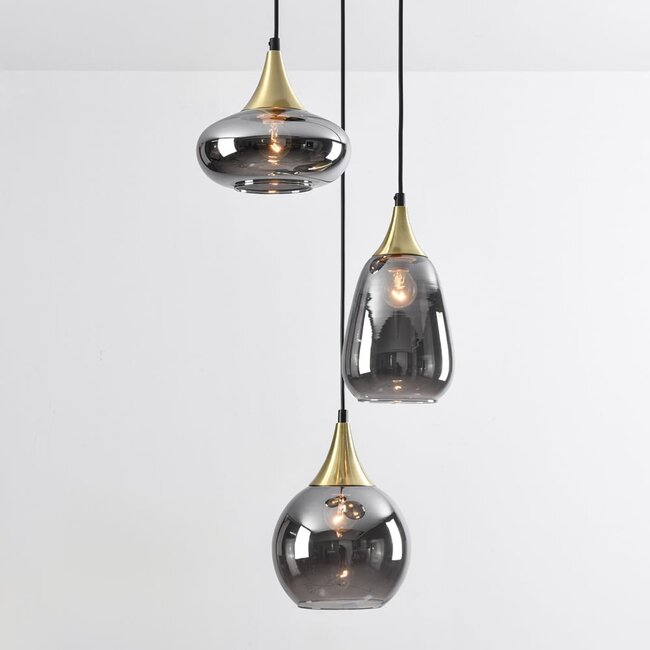 Lampe suspendue or avec verre fumé, 3 lumières - Loua