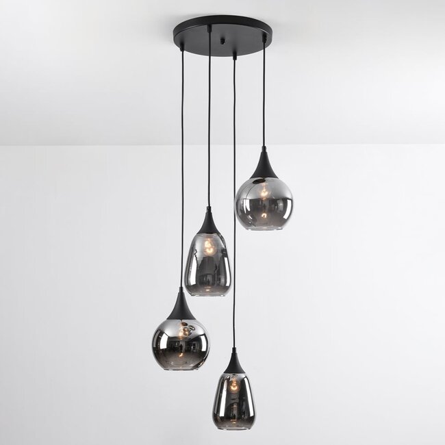 Lampe suspendue Loua noir avec verre fumé, 4 lumières