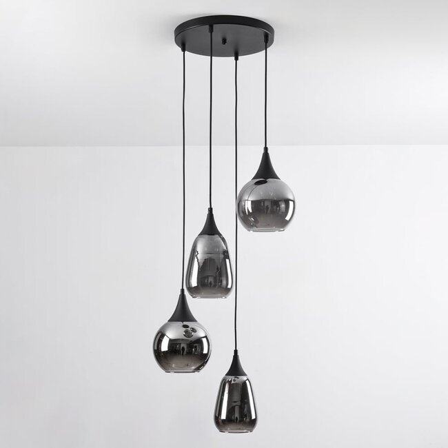 Lampe suspendue Loua noir avec verre fumé, 4 lumières