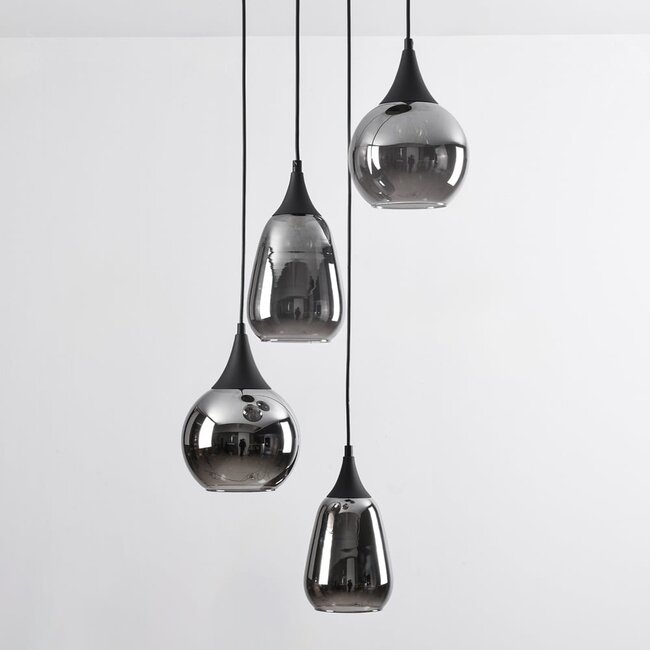 Lampe suspendue Loua noir avec verre fumé, 4 lumières
