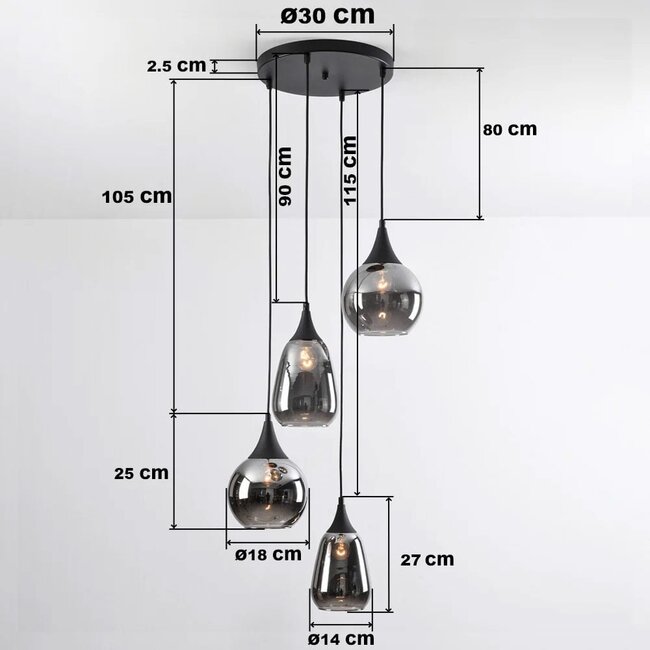 Lampe suspendue Loua noir avec verre fumé, 4 lumières