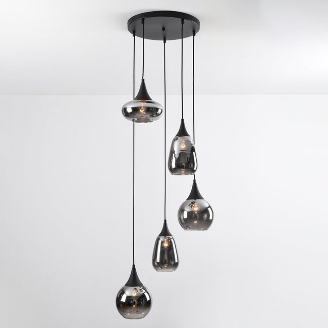 Lampe suspendue noire Loua avec verre fumé, 5 lumières