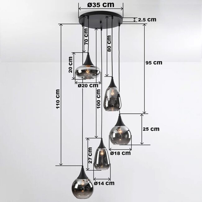 Lampe suspendue noire Loua avec verre fumé, 5 lumières