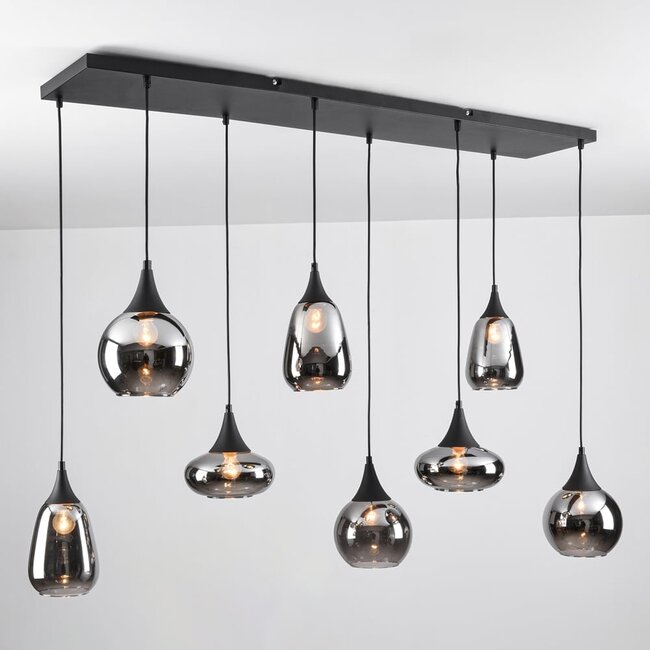 Suspension 8 lumières Loic - noir et verre fumé