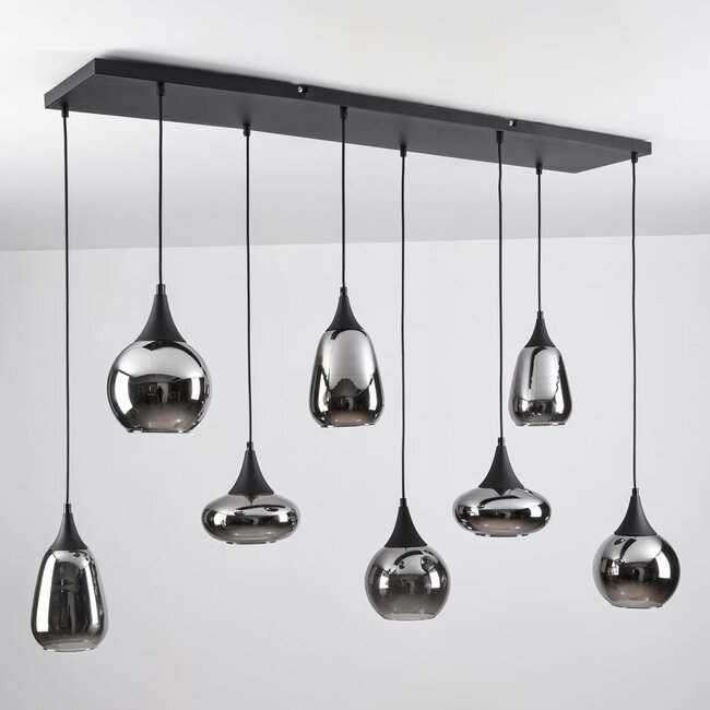 Lampe suspendue noire avec verre fumé, 8 lumières - Loic