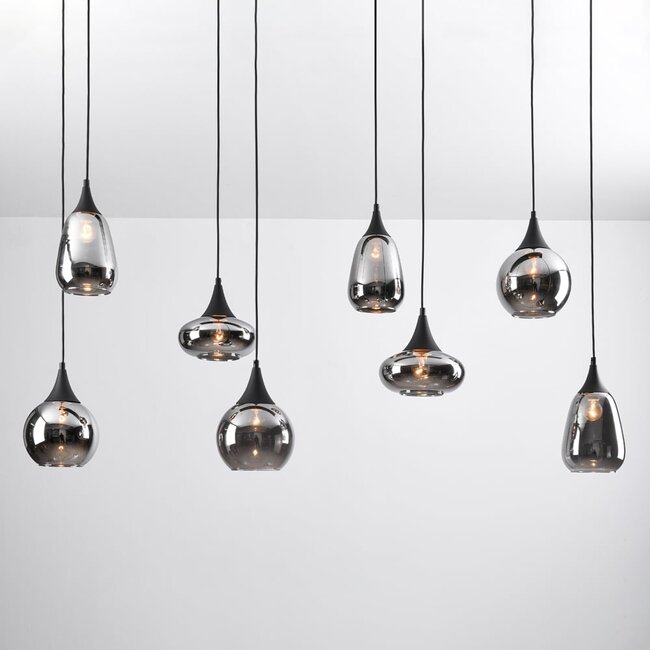 Suspension 8 lumières Loic - noir et verre fumé