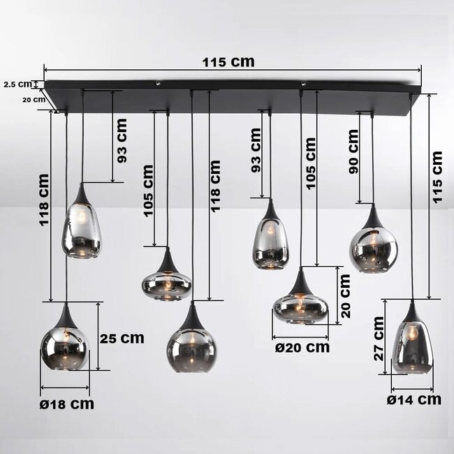 Lampe suspendue noire avec verre fumé, 8 lumières - Loic