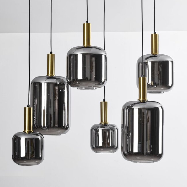 Lampe suspendue moderne noire avec or et verre fumé, 6 lumières - Sei