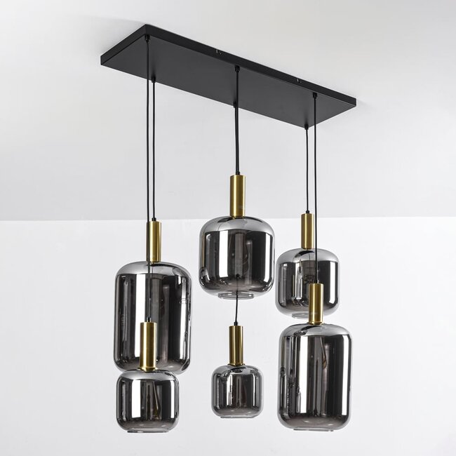 Lampe suspendue moderne noire avec or et verre fumé, 6 lumières - Sei