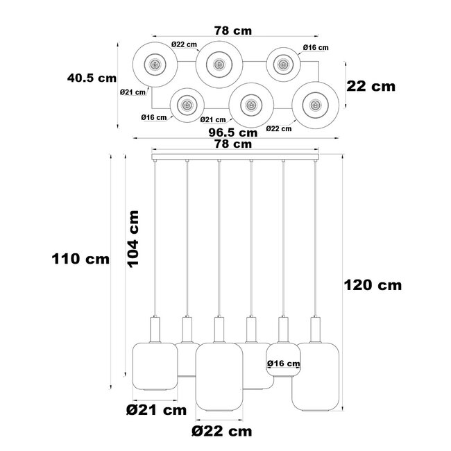 Lampe suspendue moderne noire avec or et verre fumé, 6 lumières - Sei