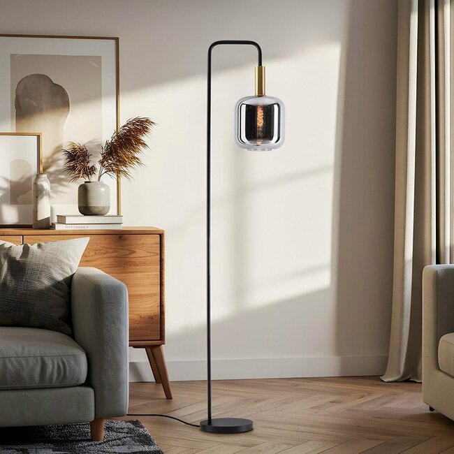 Lampadaire noir avec verre fumé et détails dorés - Piedi
