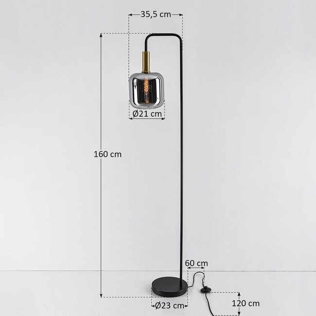 Lampadaire Piedi en noir, verre fumé et doré