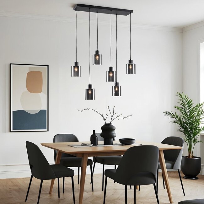 Lampe suspendue noire Palaio avec verre fumé, 6 lumières