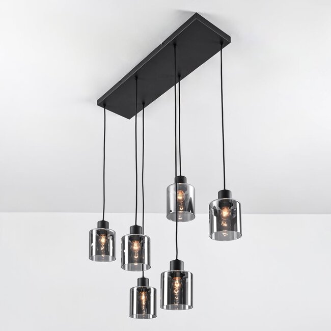 Suspension 6 lumières Palaio - noir et verre fumé