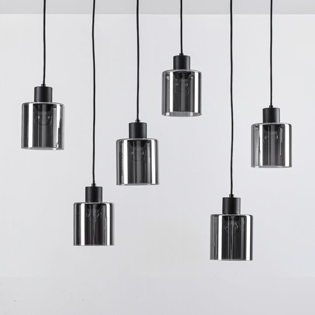 Lampe suspendue noire Palaio avec verre fumé, 6 lumières