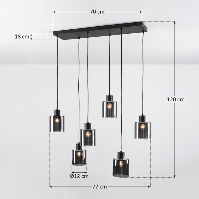 Lampe suspendue noire Palaio avec verre fumé, 6 lumières