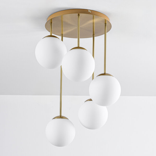 Plafonnier rond or avec verre blanc laiteux, 5 lumières - Carat