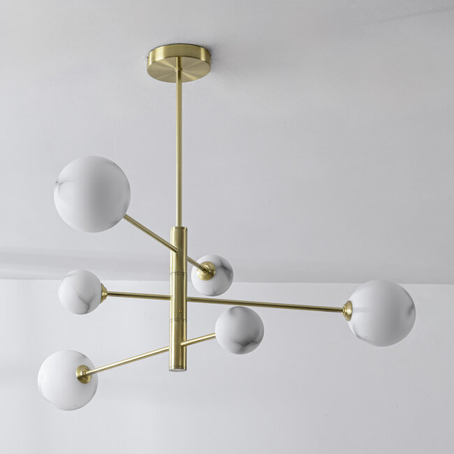 Plafonnier Sest or avec sphères en marbre, 6 lumières