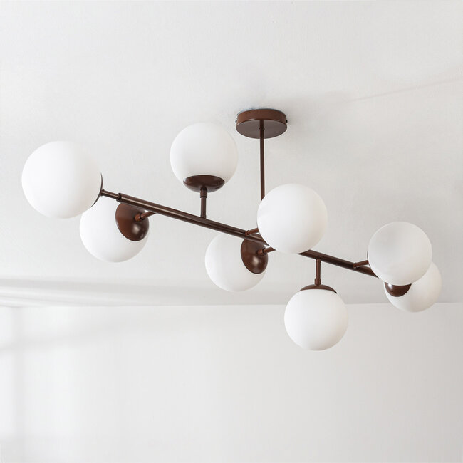 Plafonnier design Osem brun avec boules en verre blanc laiteux - 8 lumières