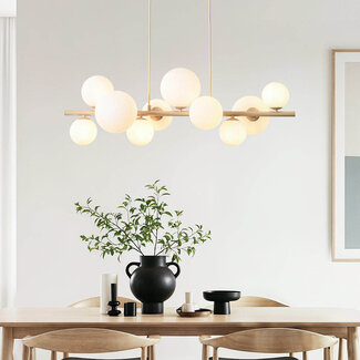 Suspension design Deka beige avec verre blanc laiteux, 10 lumières