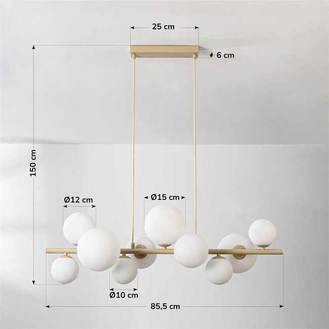 Suspension design Deka beige avec verre blanc laiteux, 10 lumières
