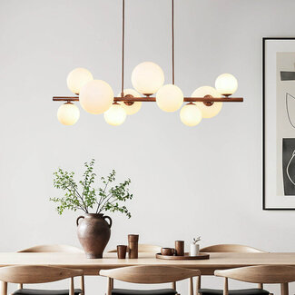 Suspension design Deka marron avec verre blanc laiteux, 10 lumières