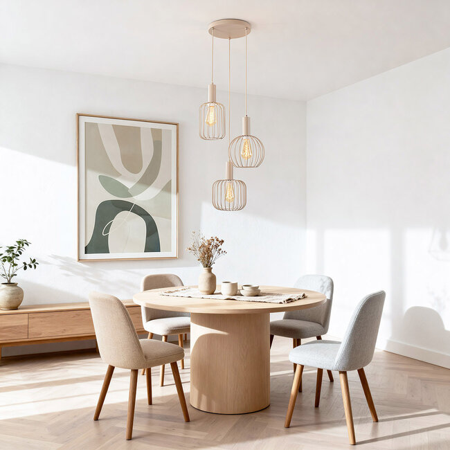 Suspension moderne Nudea avec abat-jours métalliques beiges, 3 lumières