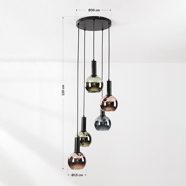 Suspension design Imme à 5 lumières avec verre gris-bleu fumé, vert et cuivré
