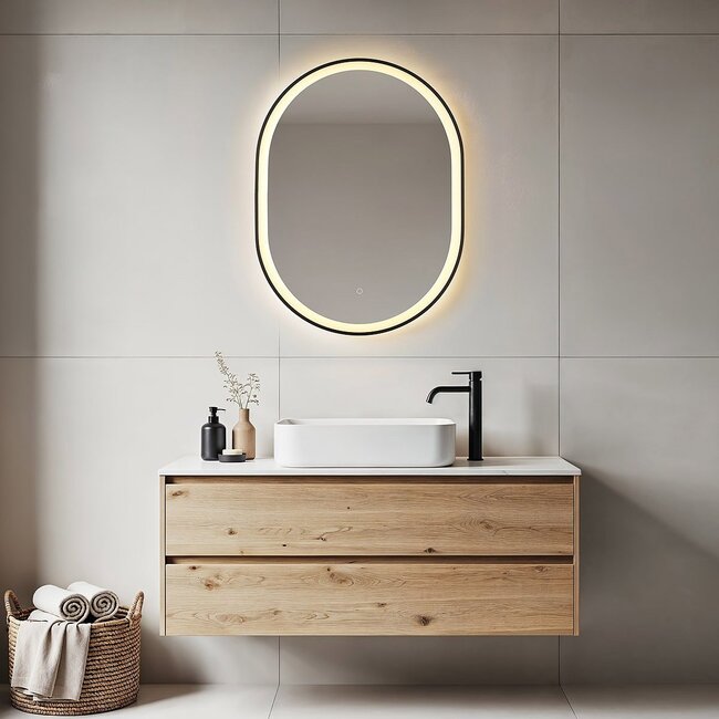 Miroir de salle de bains Flare avec LED dimmables, capteur tactile, couleurs réglables et miroir chauffant