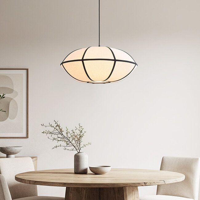 Lampe suspendue minimaliste en lin Ovala - blanc avec accents noirs