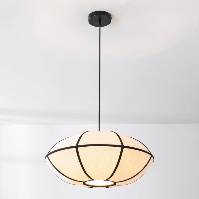 Lampe suspendue minimaliste en lin Ovala - blanc avec accents noirs