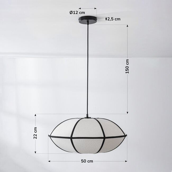 Lampe suspendue minimaliste en lin Ovala - blanc avec accents noirs