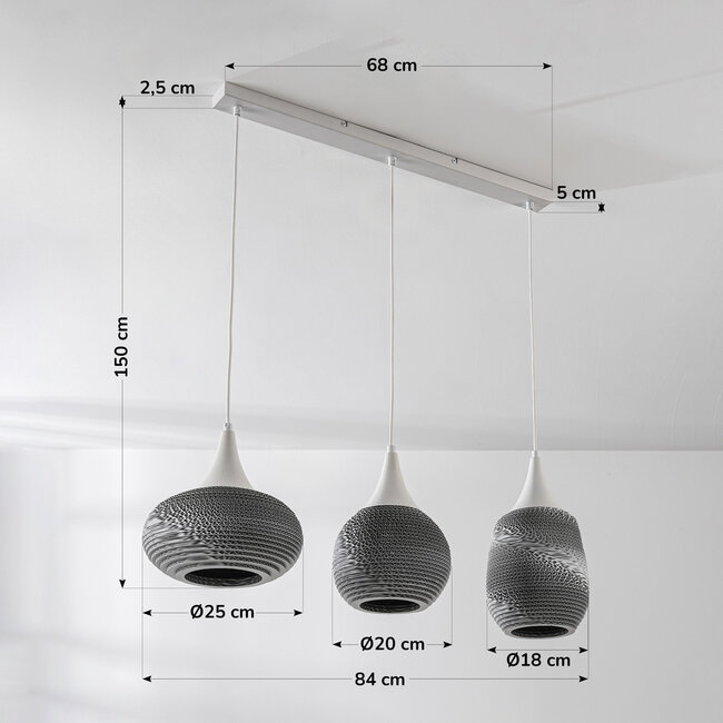 Lampe suspendue moderne en carton Folia, 3-lumières - blanc