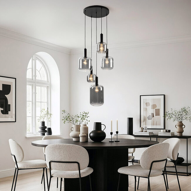 Suspension 5 lumières Rustique - noir et verre fumé