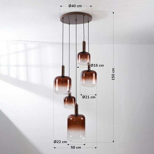 Suspension 5 lumières Rustique - bronze et verre ambré