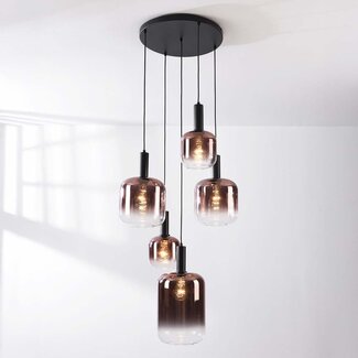 Suspension 5 lumières Rustique - noir et verre marron foncé