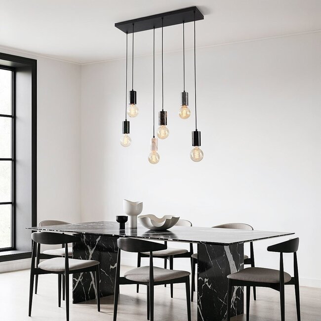 Suspension industrielle Caverna 6 lumières avec détails en marbre (ampoules E27 non incluses)