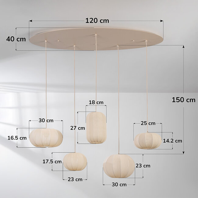 Lampe suspendue en tissu Canvas avec 5 points lumineux - beige
