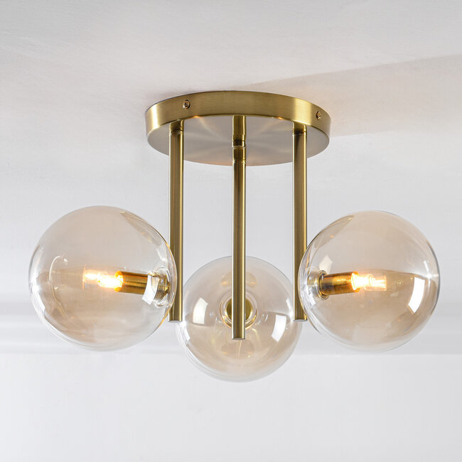 Plafonnier à 3 lumières Elora laiton et verre cognac