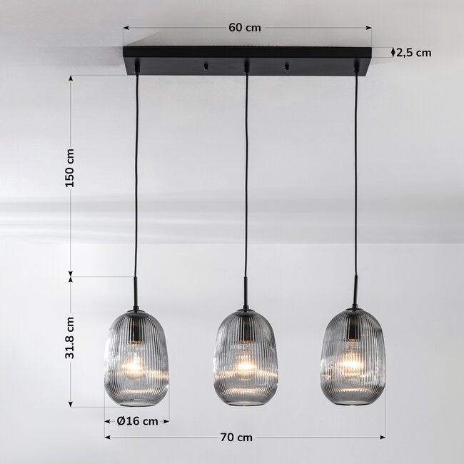 Lampe suspendue moderne Melora avec verre fumé nervuré, 3 lumières