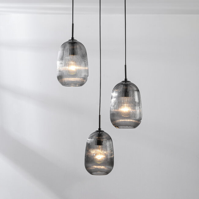 Suspension 3 lumières Isara - verre fumé nervuré