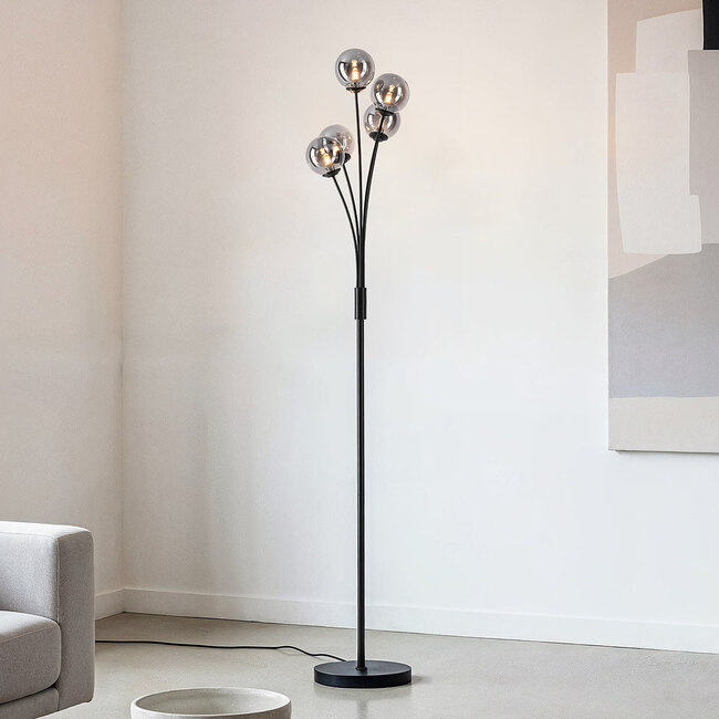 Lampadaire Claire noir avec verre fumé, 5 lumières