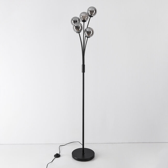 Lampadaire Claire noir avec verre fumé, 5 lumières