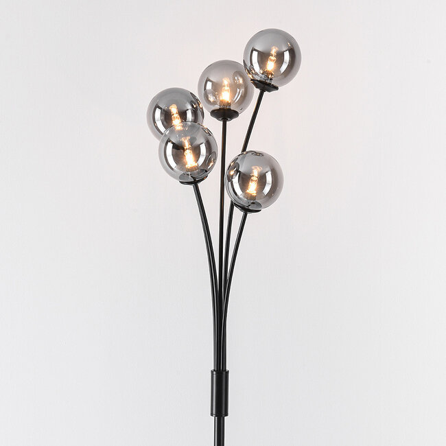 Lampadaire Claire noir avec verre fumé, 5 lumières