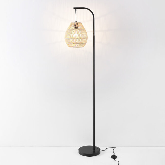 Lampadaire à arc Lys noir avec abat-jour naturel