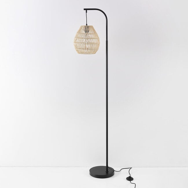 Lampadaire à arc Lys noir avec abat-jour naturel