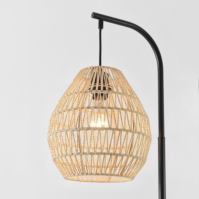 Lampadaire à arc Lys noir avec abat-jour naturel