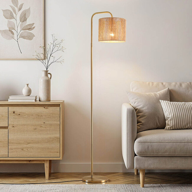 Lampadaire Kiri - laiton avec abat-jour en chanvre